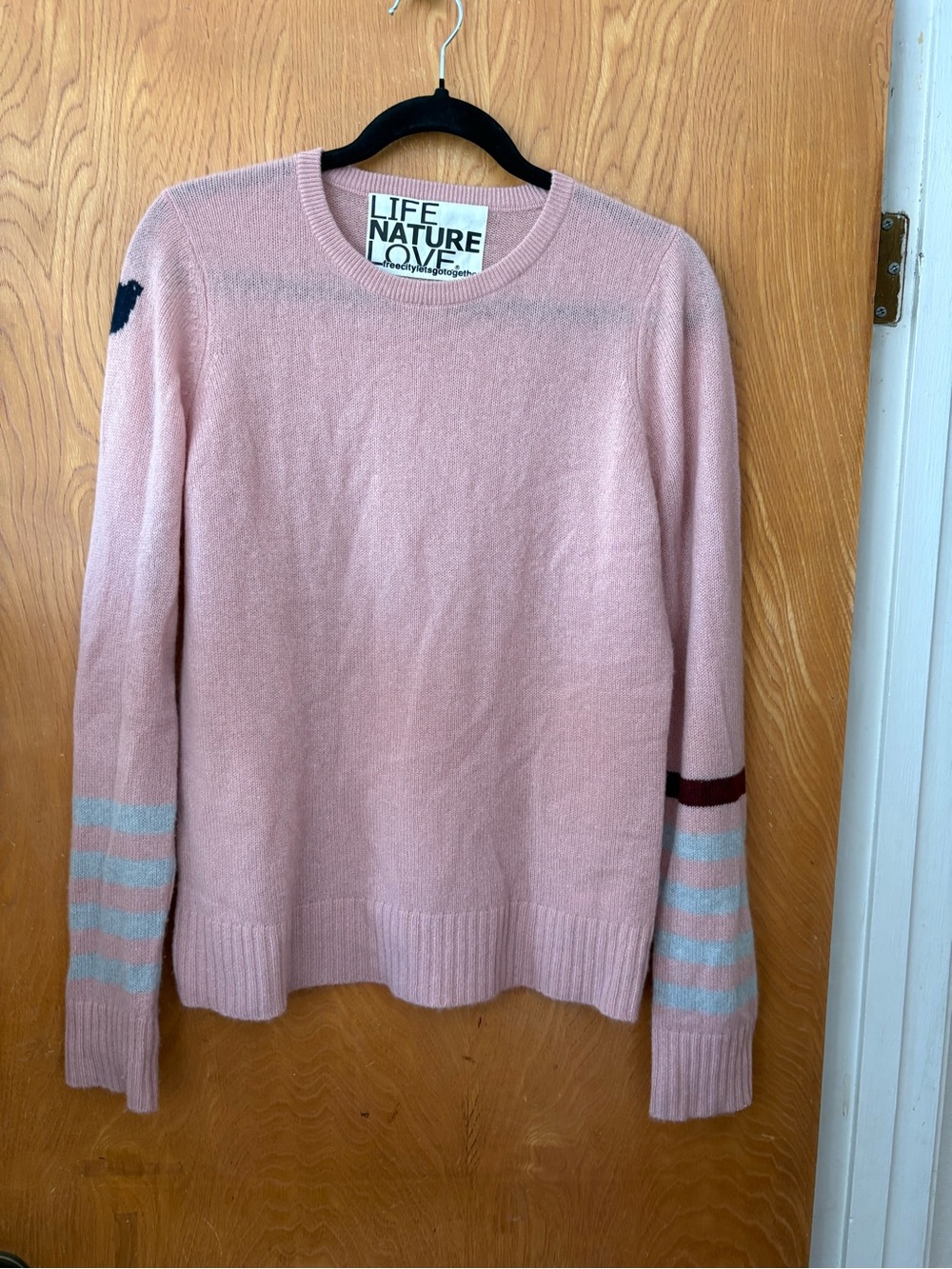freecity Pink Crewneck cashmere Sweater with Stripe Sleeve Detail S